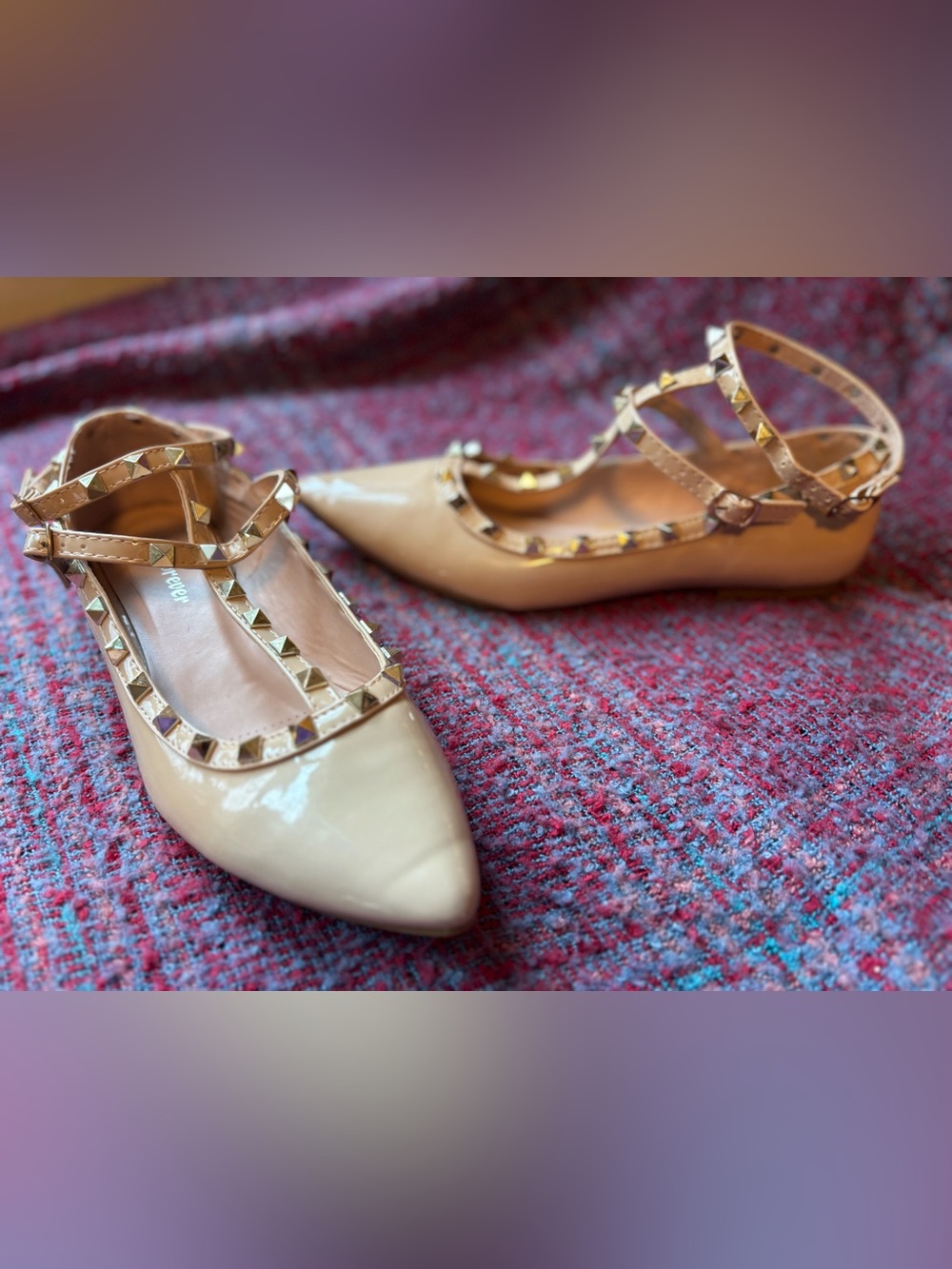 Forever 21 Nude Patent Pointed-Toe Studded T-Strap Flats